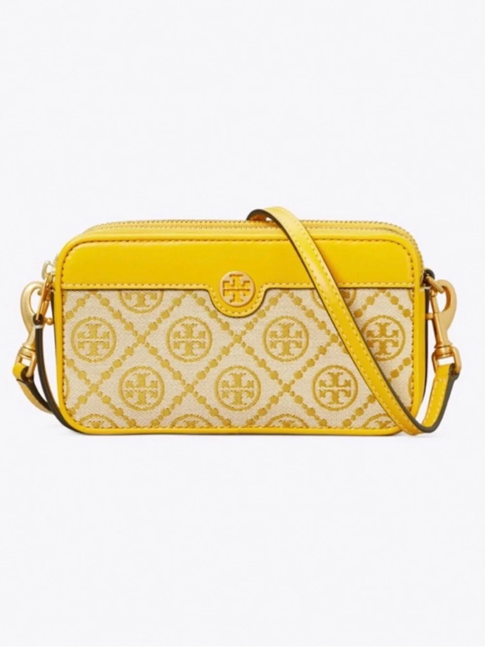 Tory Burch T Monogram Mini Yellow Tan Jacquard Crossbody